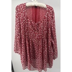 Tommy Hilfiger 2X Red Floral Peasant Blouse Boho Flowy Spring Sheer Chic Top